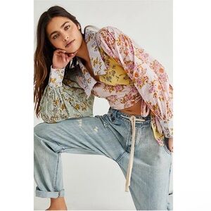 Free People Pastel Floral Mixed-Print Blouse in Pink, Yellow, Green